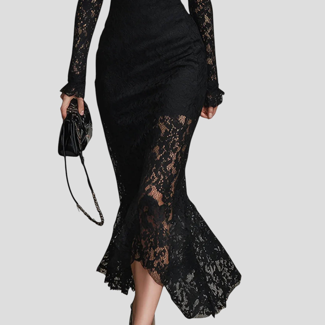 Ioana - Rochie Maxi Fishtail din Dantelă Neagră Elegantă