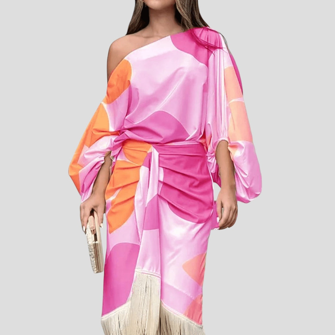 Talia – Rochie de Damă Satinată Elegantă cu Volane Asimetrice