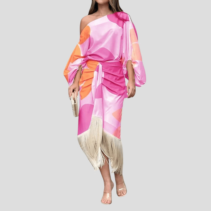 Talia – Rochie de Damă Satinată Elegantă cu Volane Asimetrice